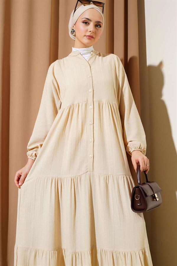 Half Button Placket Layered Dress Beige