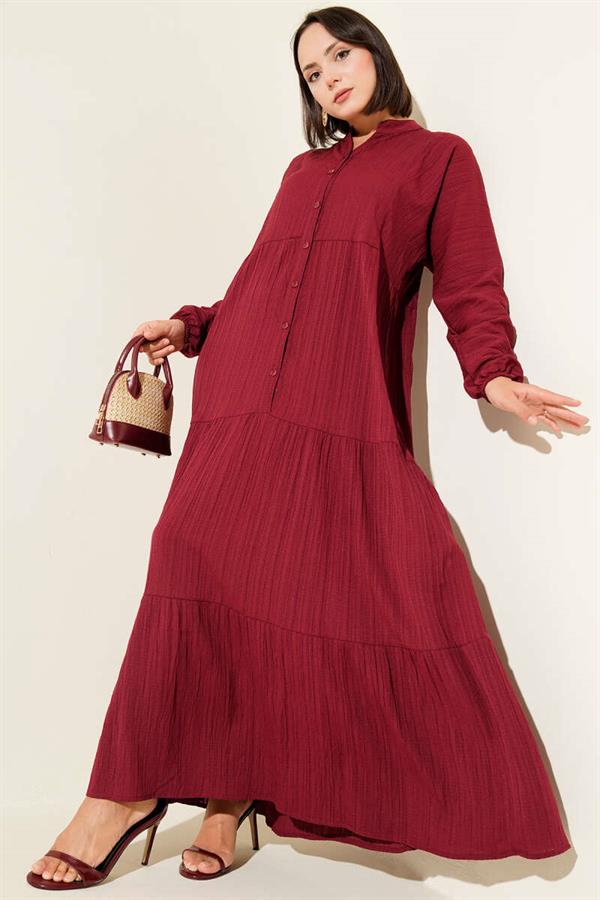 Half Button Placket Layered Dress Burgundy