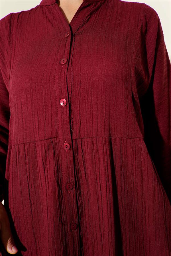 Half Button Placket Layered Dress Burgundy