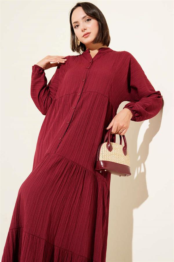 Half Button Placket Layered Dress Burgundy
