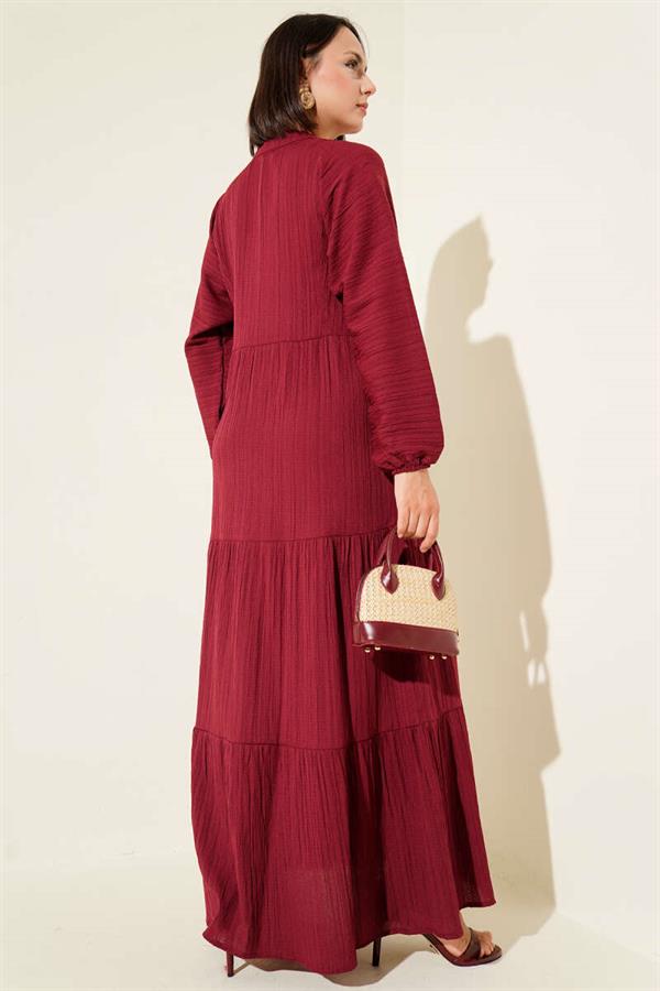 Half Button Placket Layered Dress Burgundy