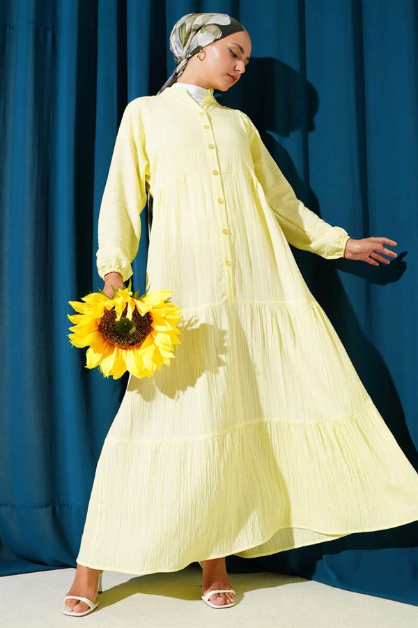 Half Button Placket Layered Dress Yellow
