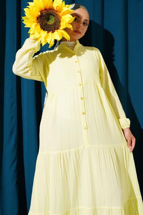 Half Button Placket Layered Dress Yellow
