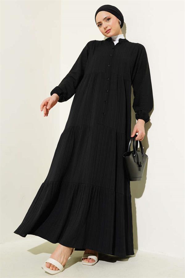 Half Button Placket Layered Dress Black
