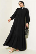 Half Button Placket Layered Dress Black
