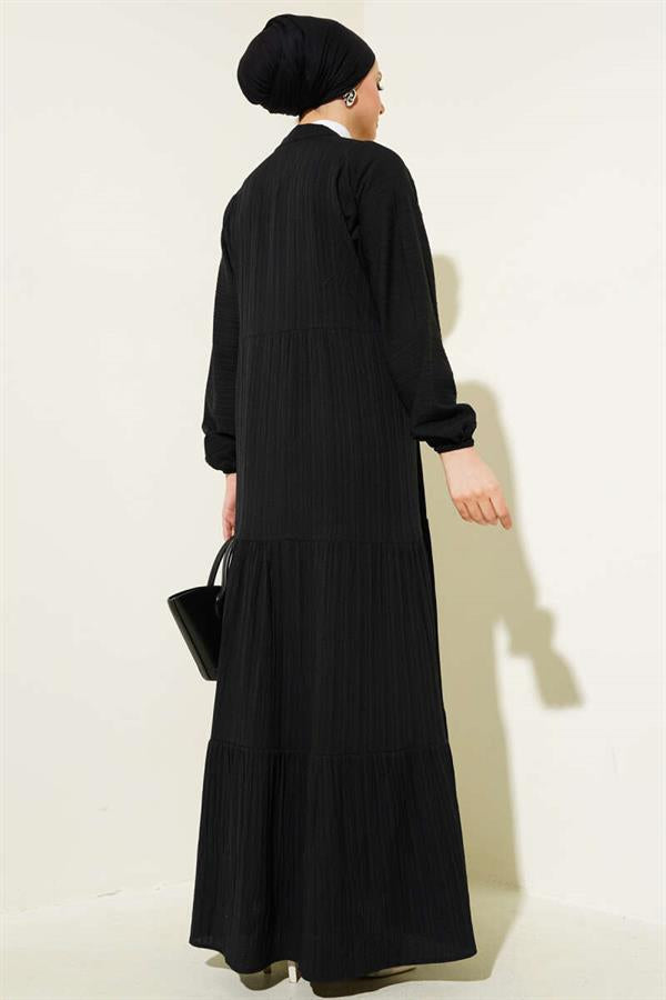 Half Button Placket Layered Dress Black