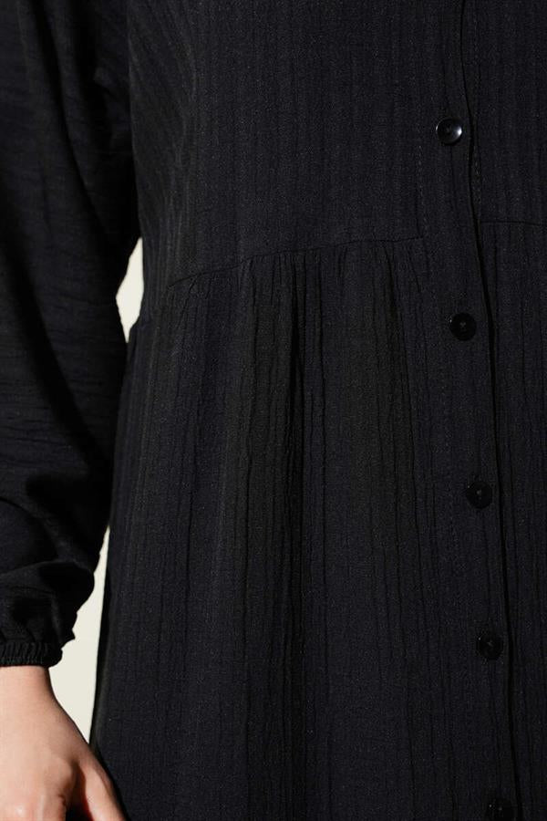 Half Button Placket Layered Dress Black
