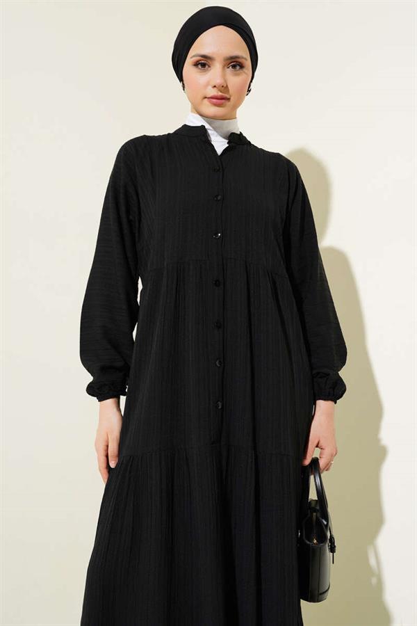 Half Button Placket Layered Dress Black