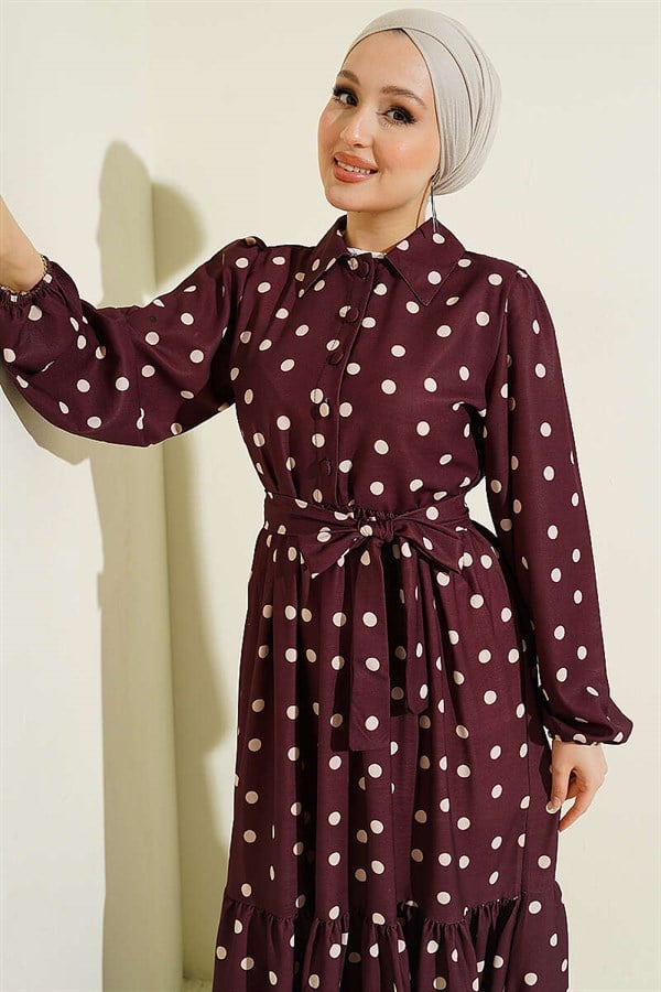 Half-Button Polka Dot Dress Burgundy