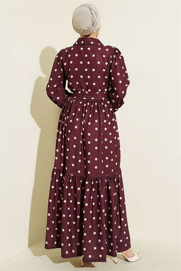 Half-Button Polka Dot Dress Burgundy