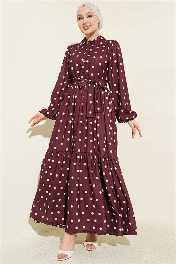Half-Button Polka Dot Dress Burgundy