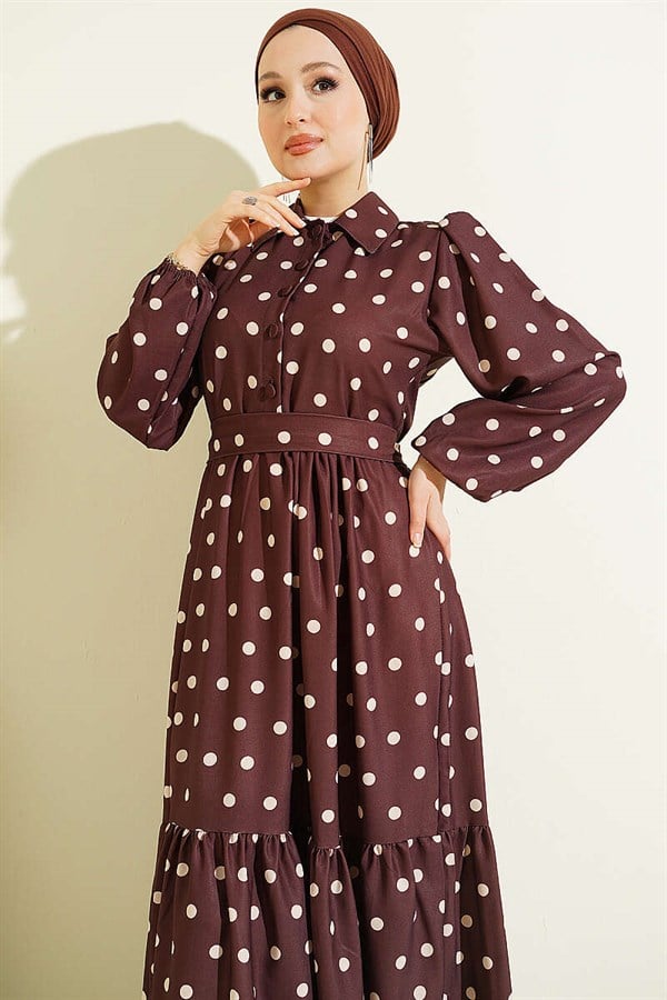 Half-Button Polka Dot Dress in Brown
