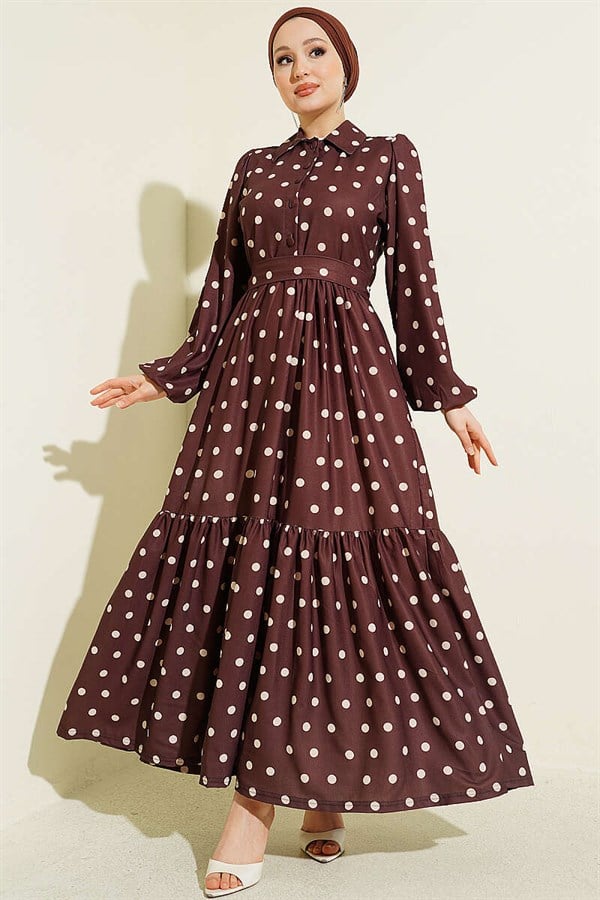 Half-Button Polka Dot Dress in Brown