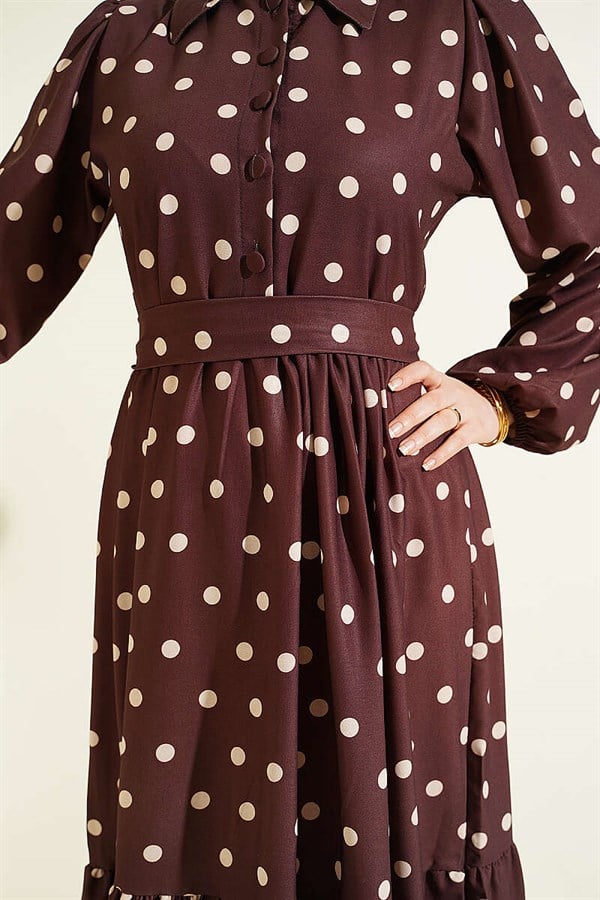 Half-Button Polka Dot Dress in Brown