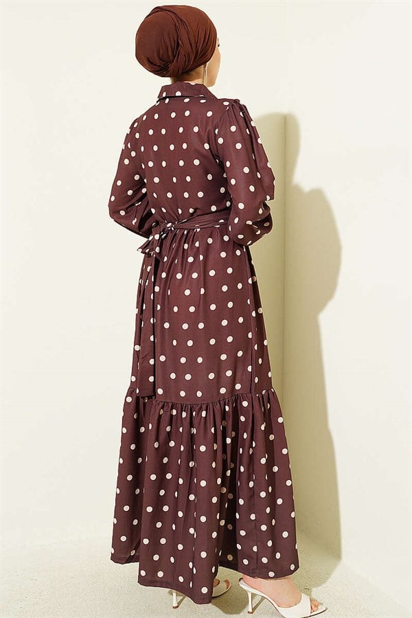 Half-Button Polka Dot Dress in Brown