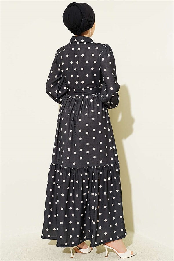 Half-Button Polka Dot Dress, Black