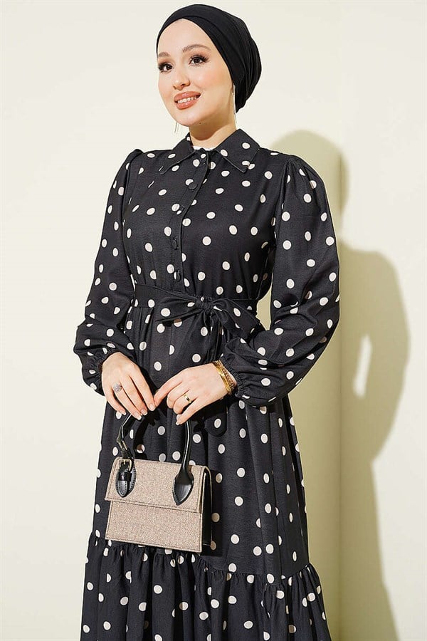 Half-Button Polka Dot Dress, Black