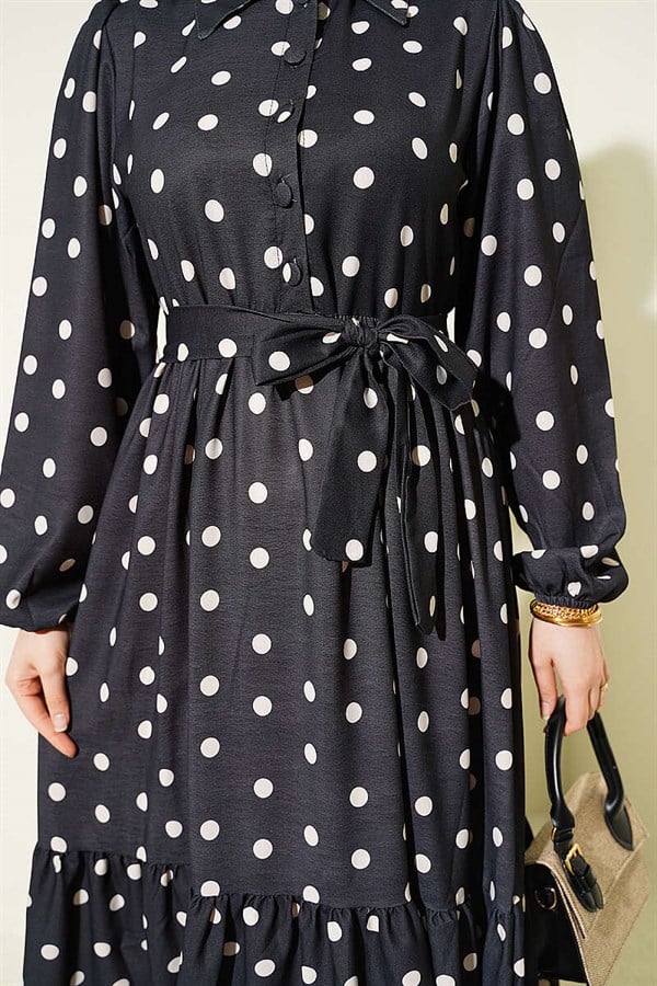 Half-Button Polka Dot Dress, Black