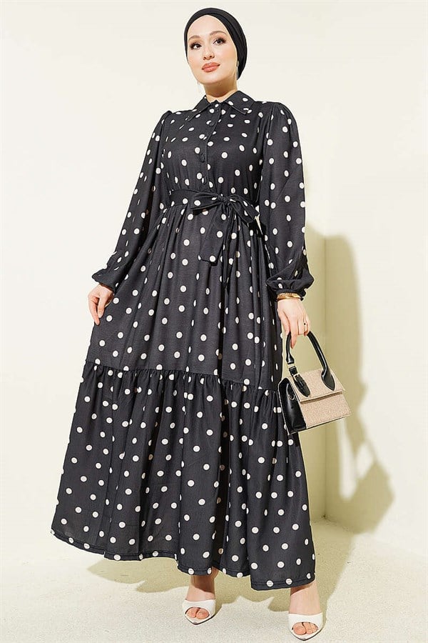 Half-Button Polka Dot Dress, Black