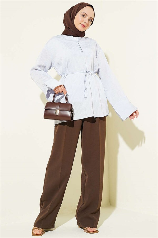 Half-Button Sequined Striped Stitch Tunic Ice Blue