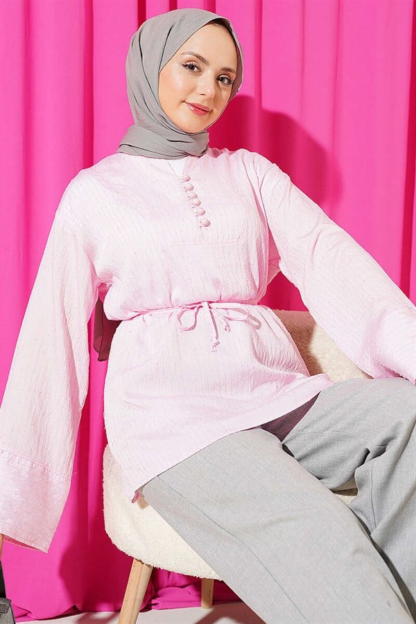 Half-Button Sequined Striped Stitch Tunic Pink