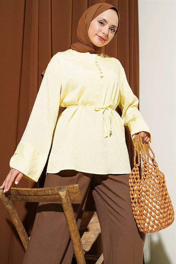 Half-Button Sequined Striped Stitch Tunic Yellow