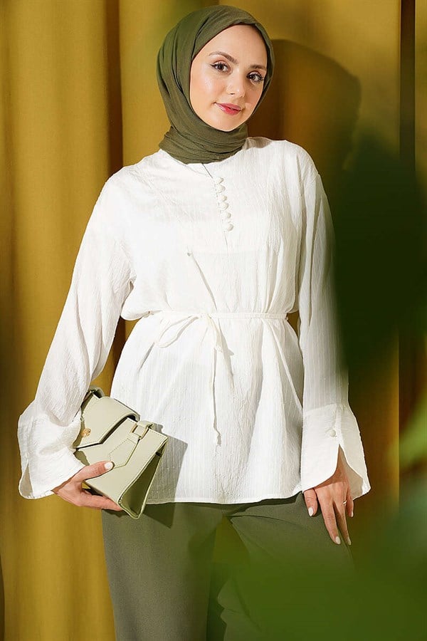 Half-Button Sequined Striped Stitch Tunic, Ecru