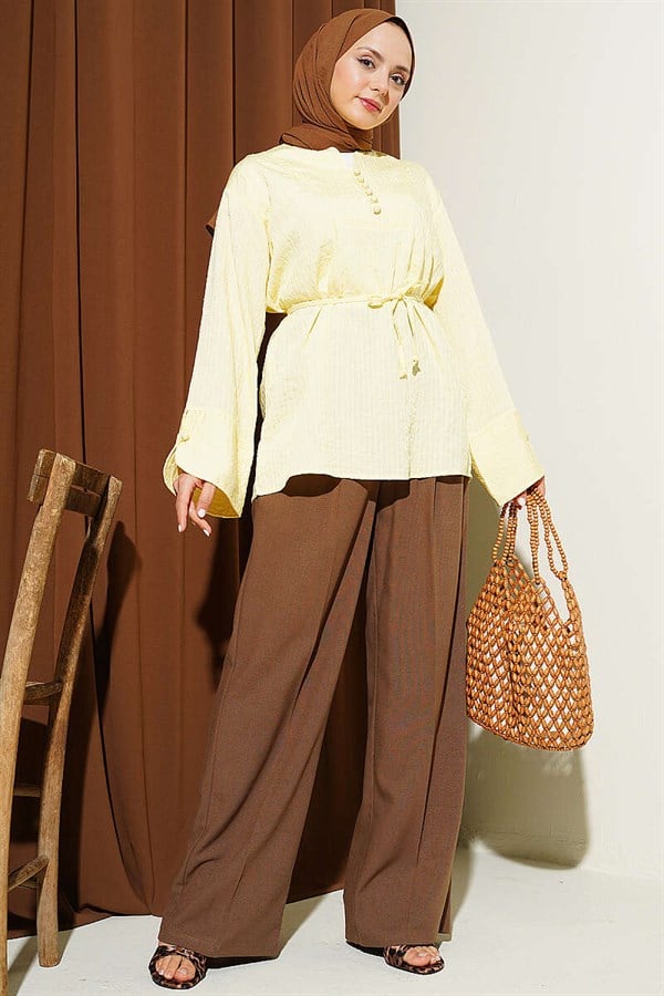 Half-Button Sequined Striped Stitch Tunic Yellow