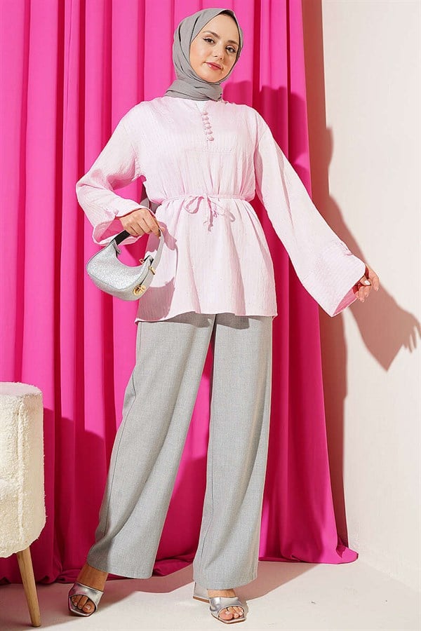 Half-Button Sequined Striped Stitch Tunic Pink