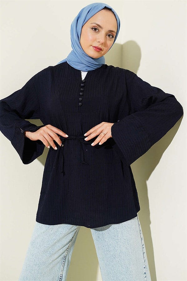 Half-Button Sequined Striped Stitch Tunic Navy Blue