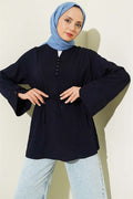 Half-Button Sequined Striped Stitch Tunic Navy Blue