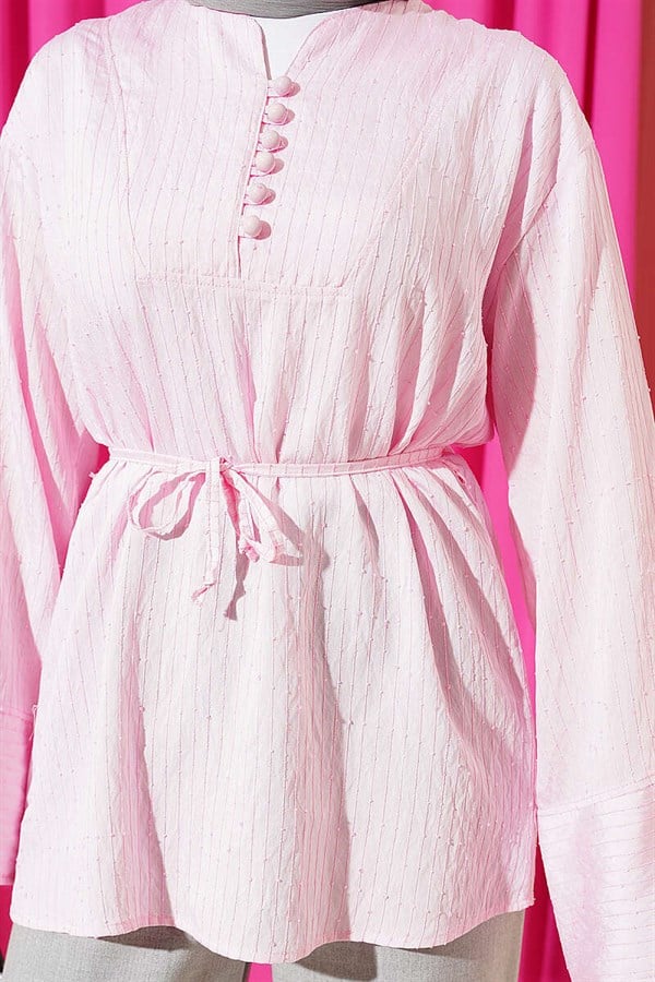 Half-Button Sequined Striped Stitch Tunic Pink