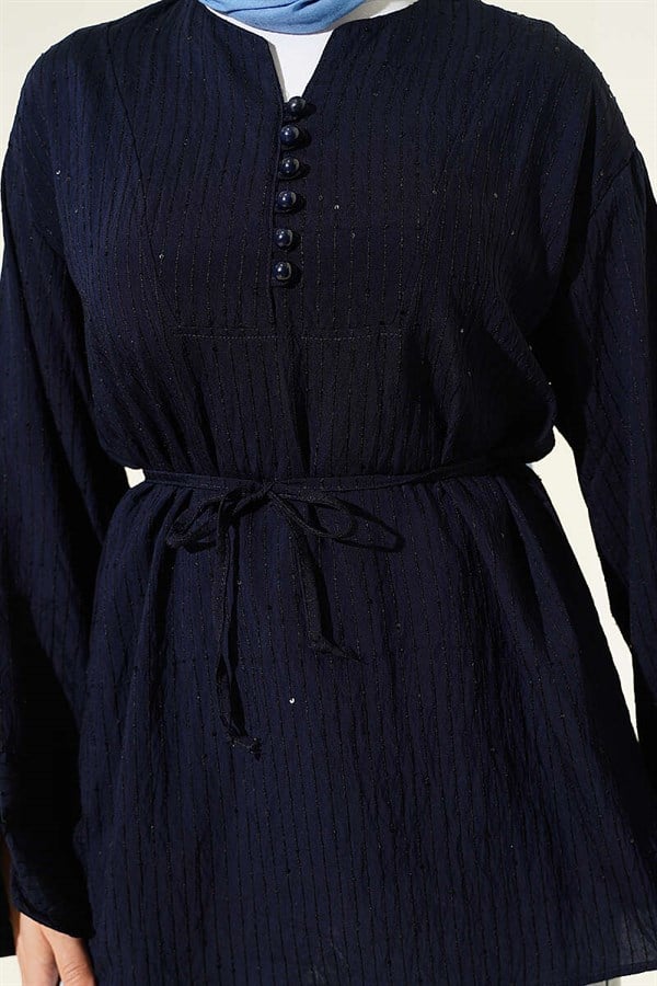 Half-Button Sequined Striped Stitch Tunic Navy Blue