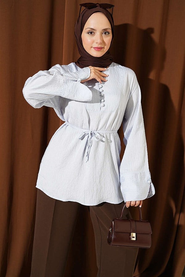 Half-Button Sequined Striped Stitch Tunic Ice Blue