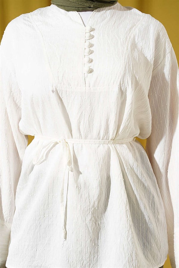 Half-Button Sequined Striped Stitch Tunic, Ecru
