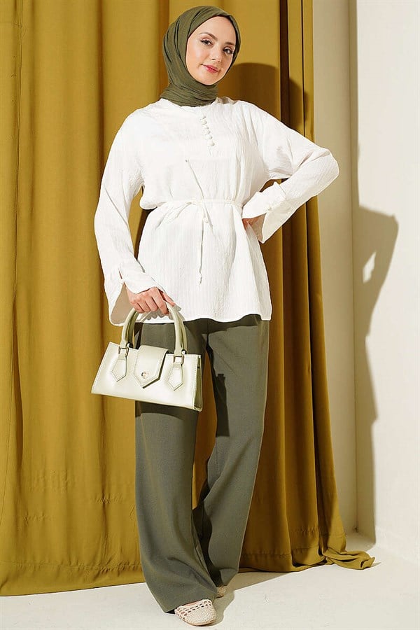 Half-Button Sequined Striped Stitch Tunic, Ecru