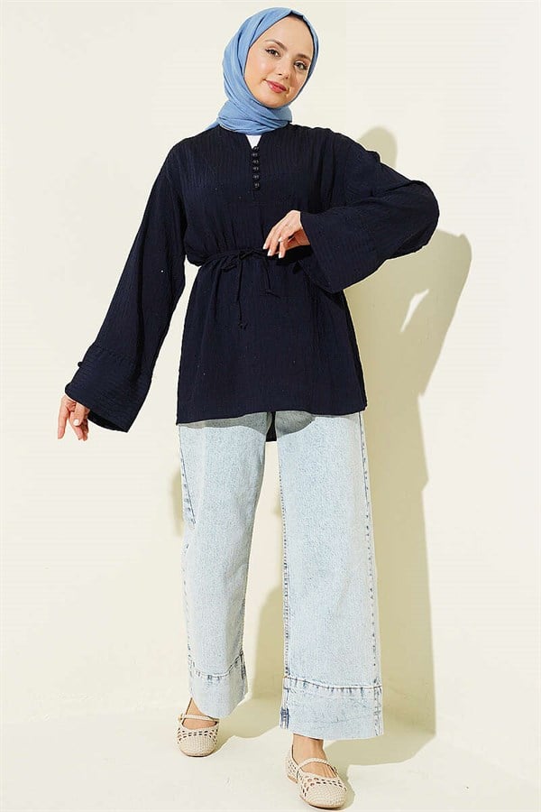 Half-Button Sequined Striped Stitch Tunic Navy Blue