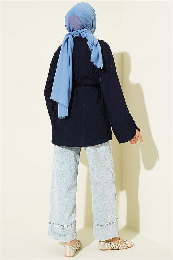 Half-Button Sequined Striped Stitch Tunic Navy Blue