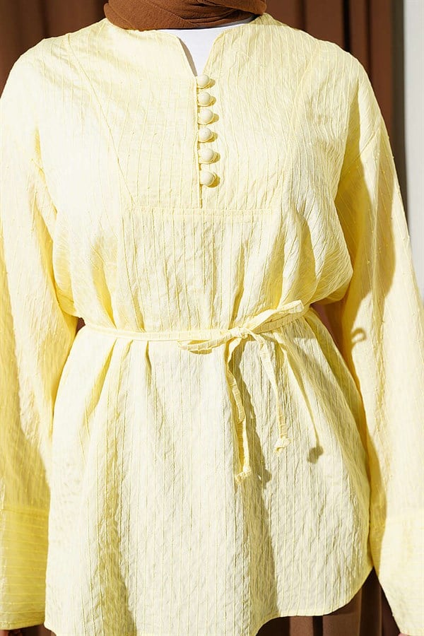 Half-Button Sequined Striped Stitch Tunic Yellow