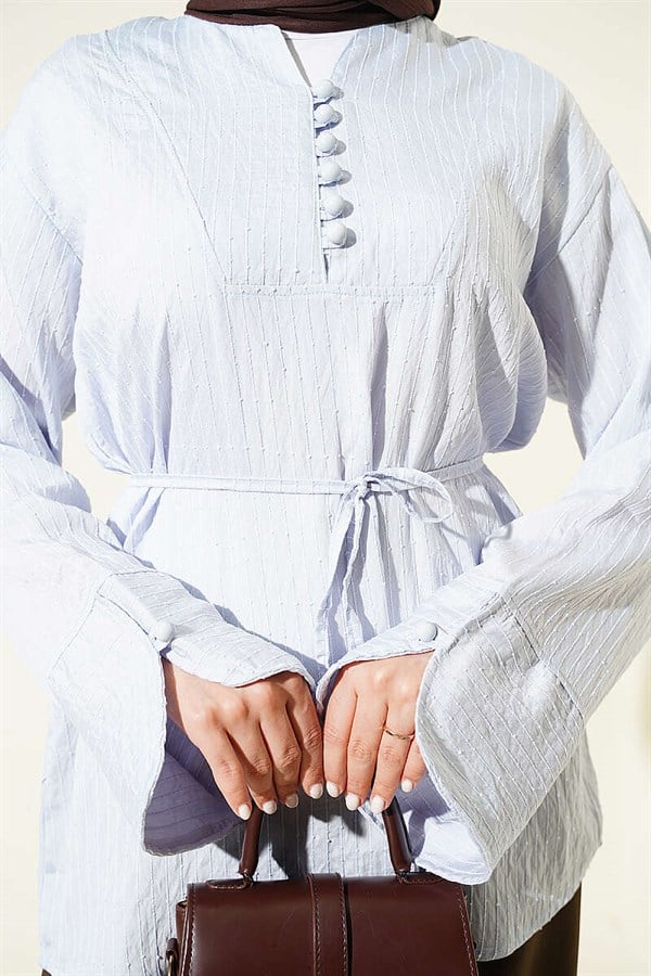 Half-Button Sequined Striped Stitch Tunic Ice Blue