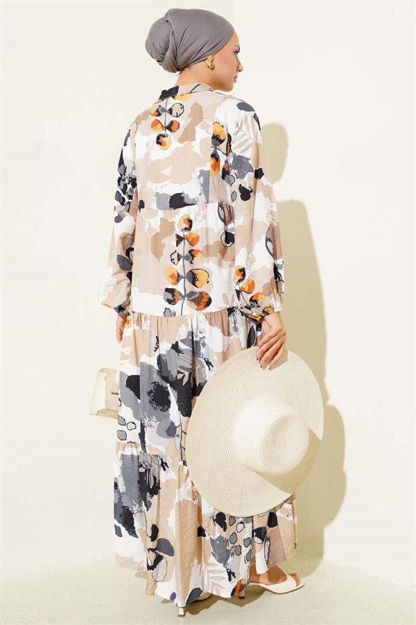 Half Buttoned Colorful Leaf Patterned Dress in Smoke