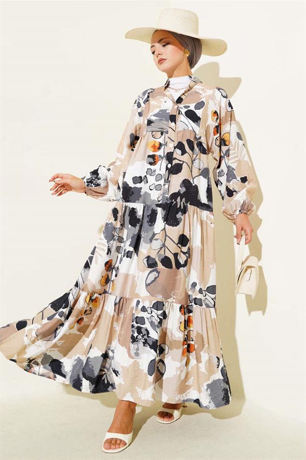 Half Buttoned Colorful Leaf Patterned Dress in Smoke