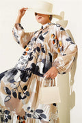Half Buttoned Colorful Leaf Patterned Dress in Smoke