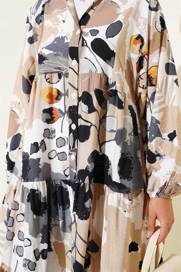 Half Buttoned Colorful Leaf Patterned Dress in Smoke