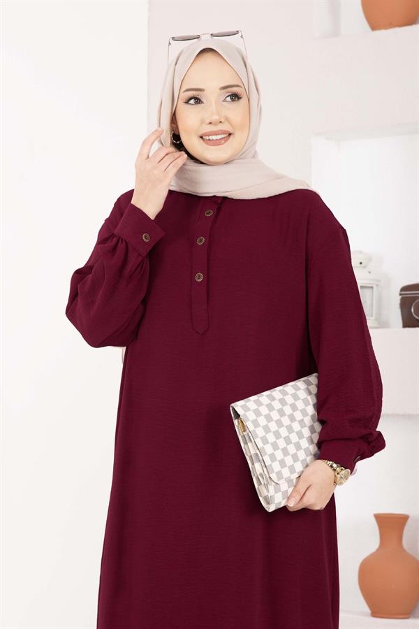 Half-Button Long Hijab 2 Piece Set in Burgundy