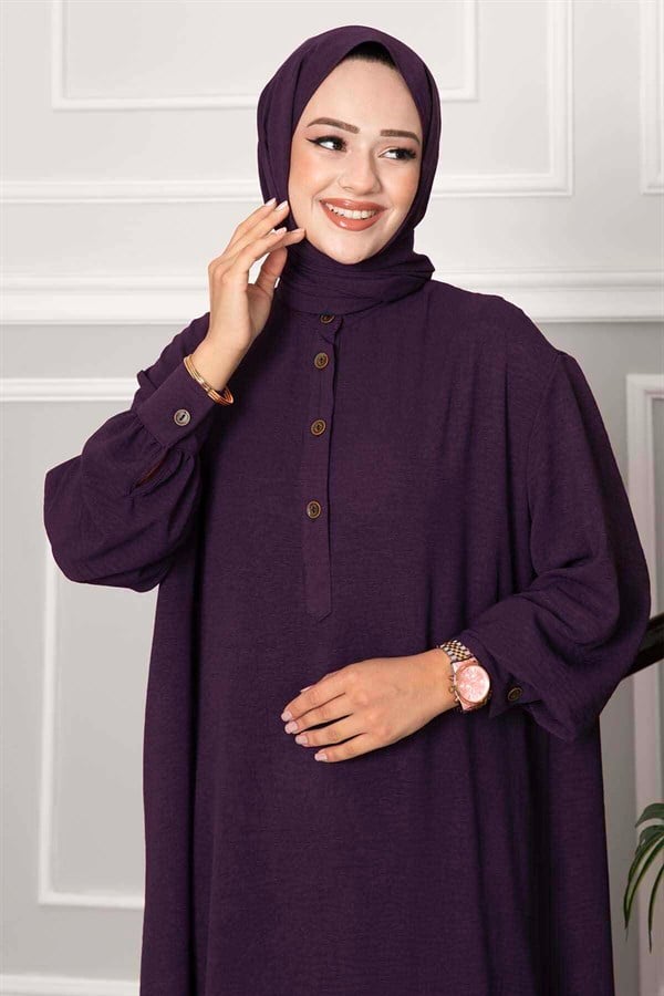 Half-Button Long Hijab 2 Piece Set, Plum