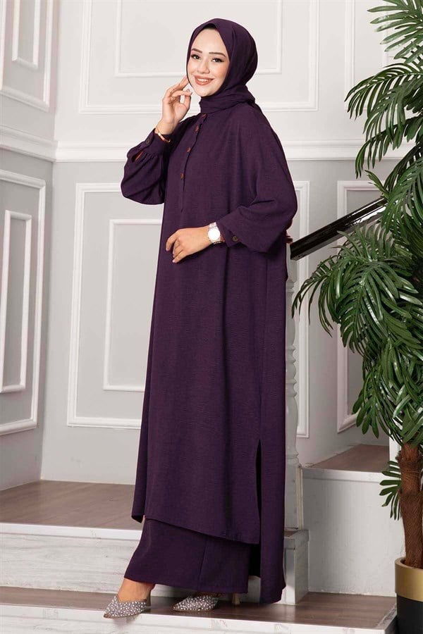 Half-Button Long Hijab 2 Piece Set, Plum