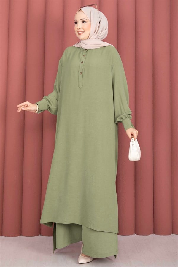 Half-Button Long Hijab 2 Piece Set Green Olive
