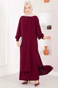 Half-Button Long Hijab 2 Piece Set in Burgundy