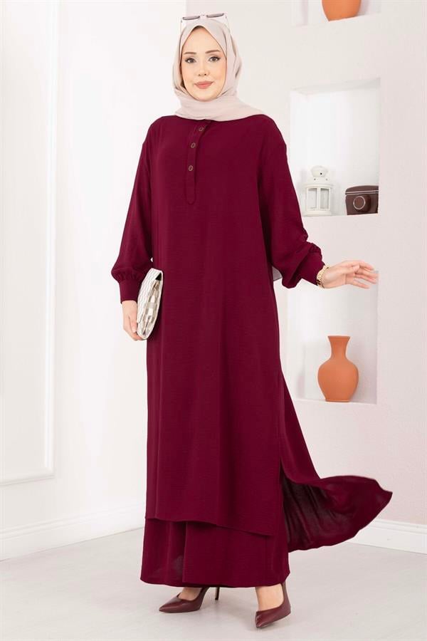 Half-Button Long Hijab 2 Piece Set in Burgundy